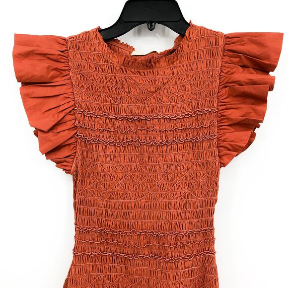 ULLA JOHNSON Women's Madeline Midi Dress Size 2 Orange Clay Ruffle Smocked NWT - Picture 4 of 13